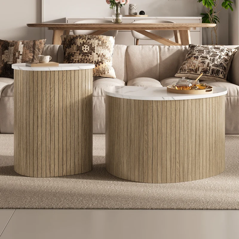 Ensemble de 2 tables basses gigognes effet marbre blanc et bois nature FJORDUS