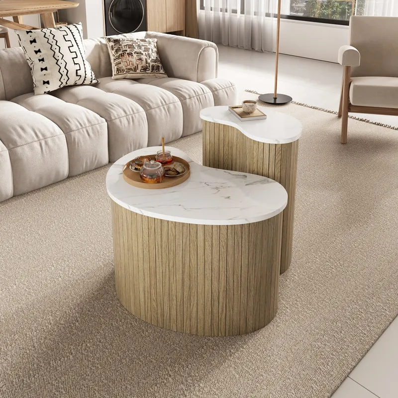 Ensemble de 2 tables basses gigognes effet marbre blanc et bois nature FJORDUS