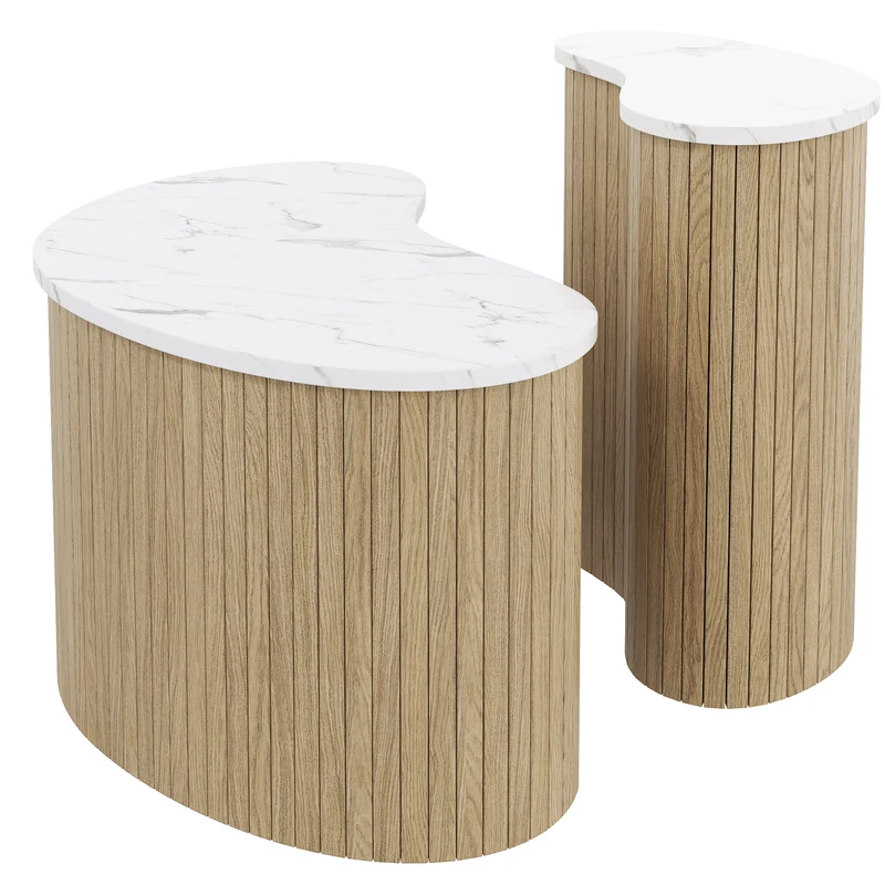 Ensemble de 2 tables basses gigognes effet marbre blanc et bois nature FJORDUS