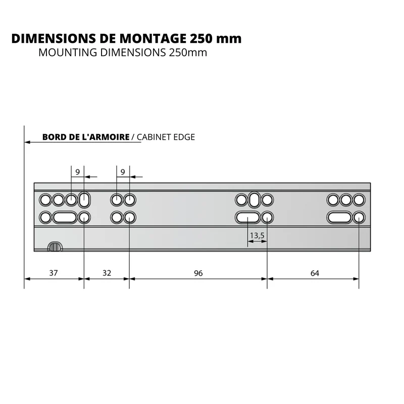 Ensemble de glissières dissimulée à fermeture silencieuse (gauche et droite), extension complète 250-600mm