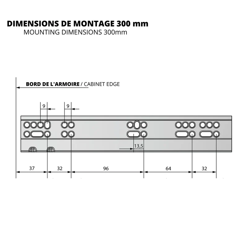 Ensemble de glissières dissimulée à fermeture silencieuse (gauche et droite), extension complète 250-600mm