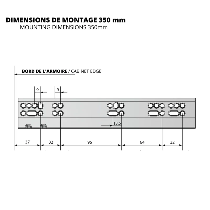 Ensemble de glissières dissimulée à fermeture silencieuse (gauche et droite), extension complète 250-600mm