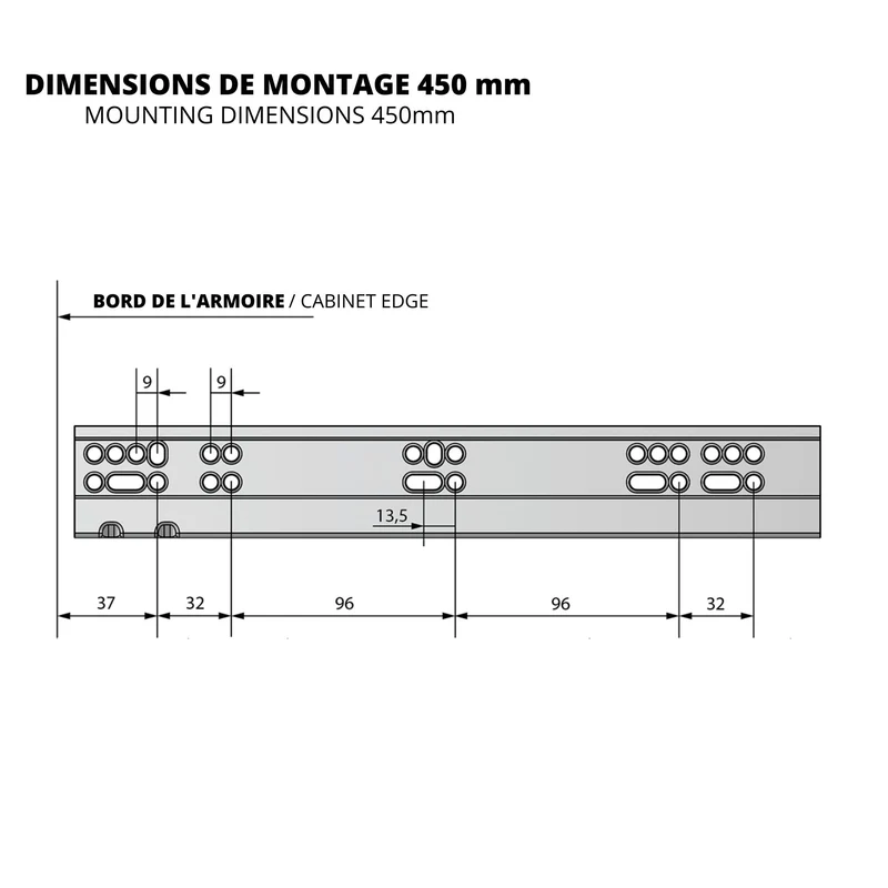 Ensemble de glissières dissimulée à fermeture silencieuse (gauche et droite), extension complète 250-600mm