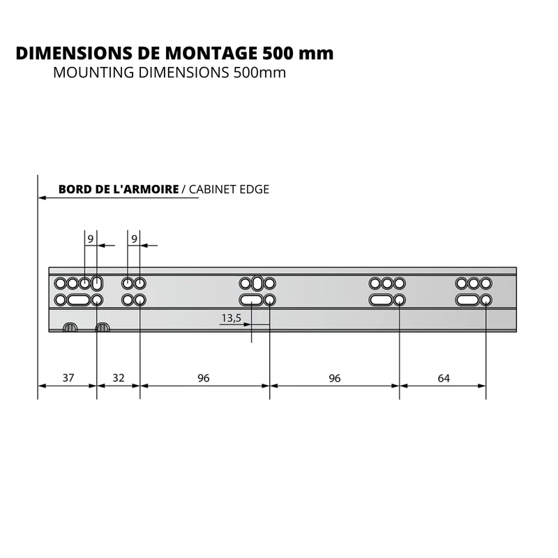 Ensemble de glissières dissimulée à fermeture silencieuse (gauche et droite), extension complète 250-600mm
