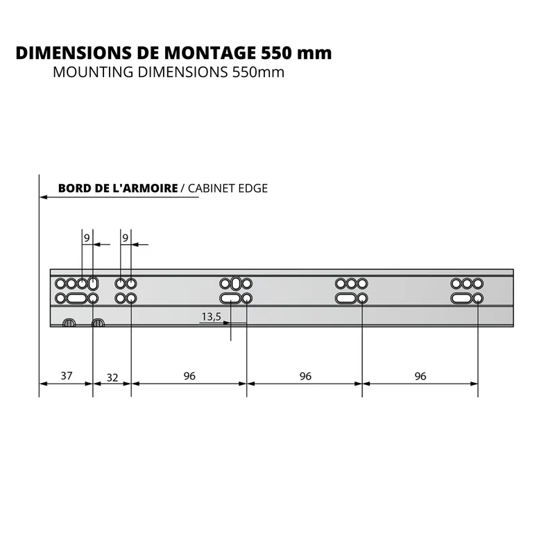 Ensemble de glissières dissimulée à fermeture silencieuse (gauche et droite), extension complète 250-600mm
