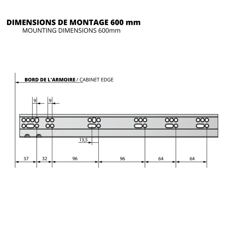 Ensemble de glissières dissimulée à fermeture silencieuse (gauche et droite), extension complète 250-600mm