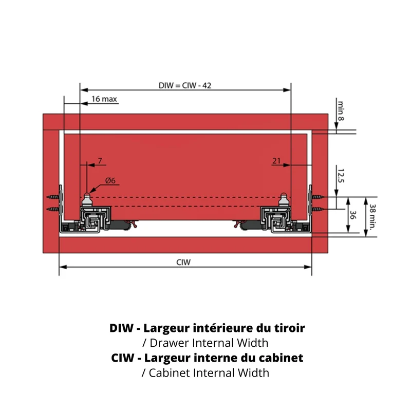 Ensemble de glissières dissimulée à fermeture silencieuse (gauche et droite), extension complète 250-600mm