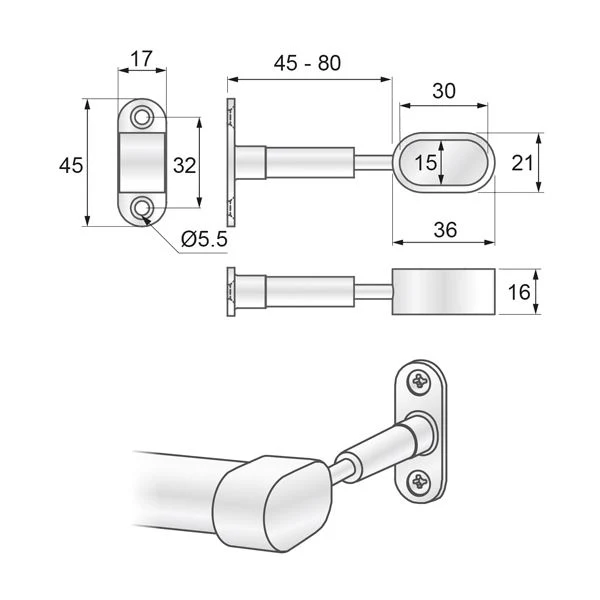 Support de barre ovale - fin 15x30mm, chrome