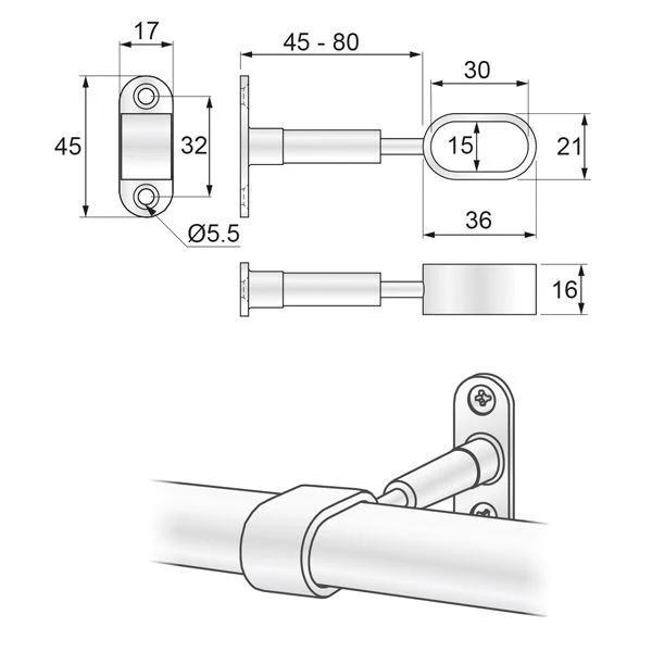 Support de distance barre ovale 15x30mm, chrome