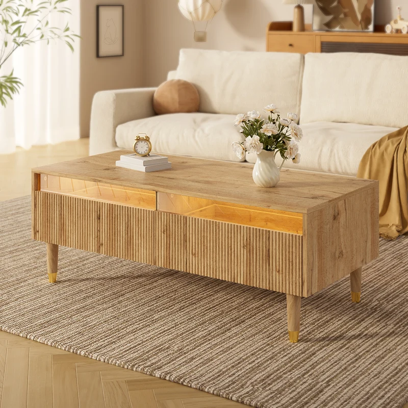 Table basse moderne effet bois façade ondulée éclairage LED 2 tiroirs PEAKGLADE