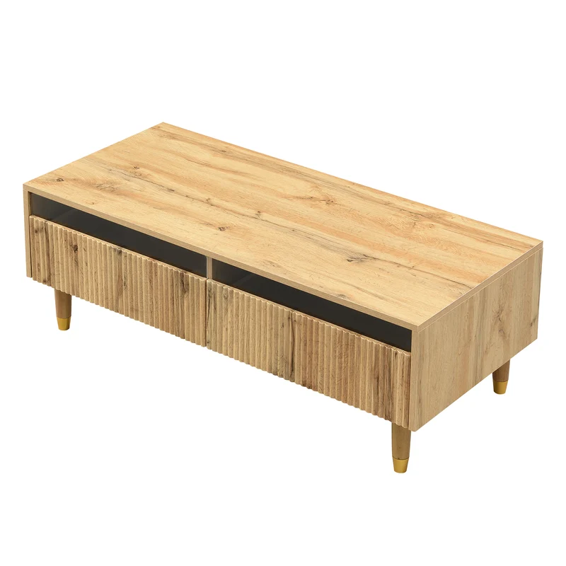 Table basse moderne effet bois façade ondulée éclairage LED 2 tiroirs PEAKGLADE