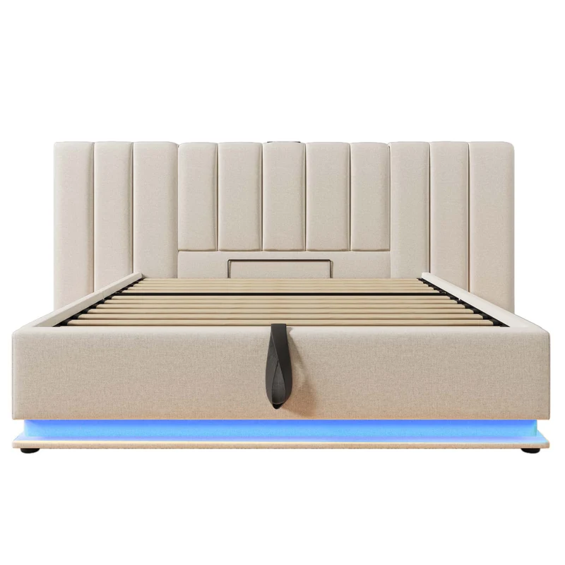 Lit coffre double capitonné lin beige avec éclairage LED 160*200 queen AENKUR