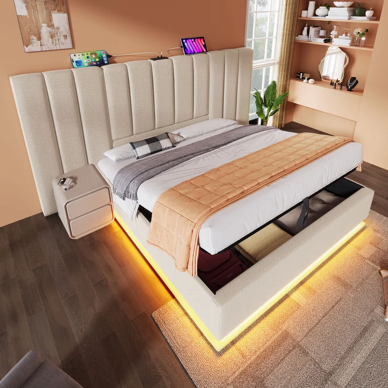 Lit coffre double capitonné lin beige avec éclairage LED 160*200 queen AENKUR