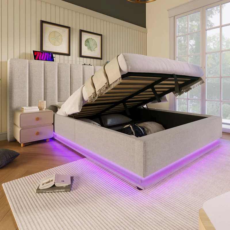 Lit coffre double capitonné lin beige avec éclairage LED 160*200 queen AENKUR