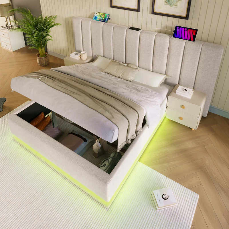 Lit coffre double capitonné lin beige avec éclairage LED 160*200 queen AENKUR