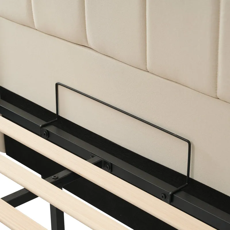 Lit coffre double capitonné lin beige avec éclairage LED 160*200 queen AENKUR