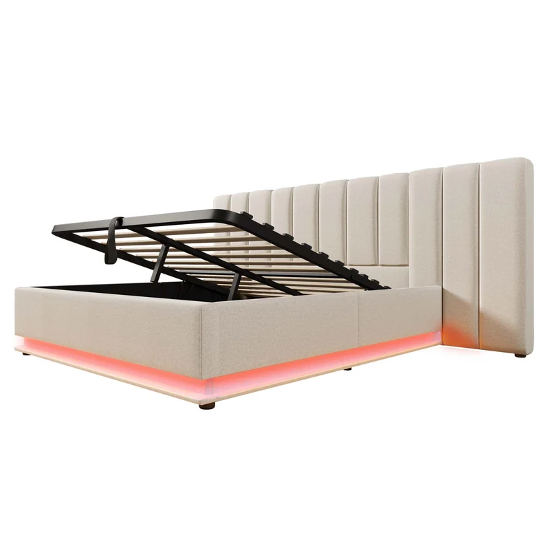 Lit coffre double capitonné lin beige avec éclairage LED 160*200 queen AENKUR