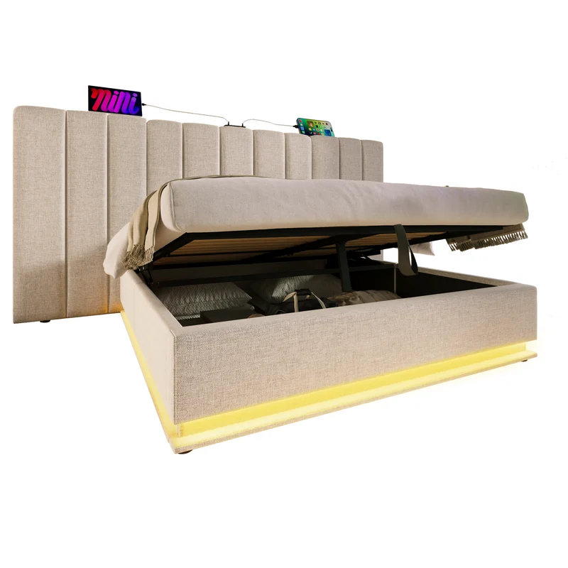Lit coffre double capitonné lin beige avec éclairage LED 160*200 queen AENKUR