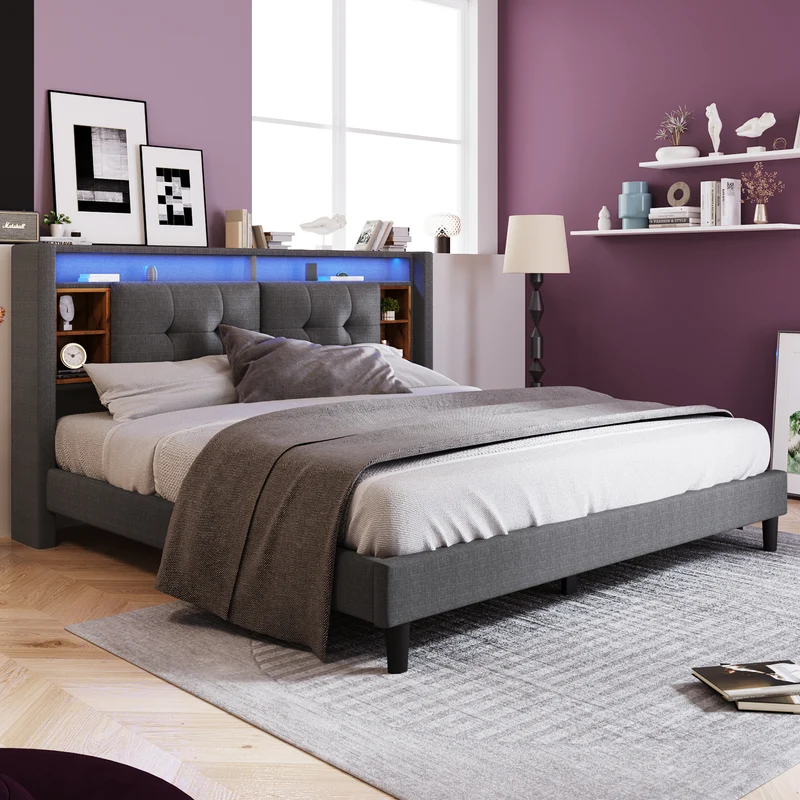 Lit double capitonné gris avec tête de lit rangement éclairage LED 160*200 Queen EENGEDS