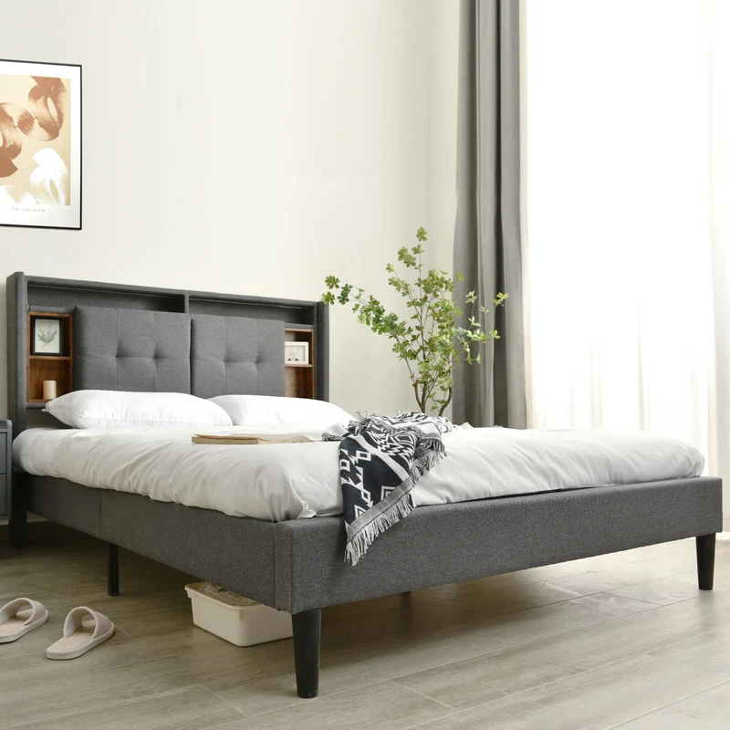 Lit double capitonné gris avec tête de lit rangement éclairage LED 160*200 Queen EENGEDS
