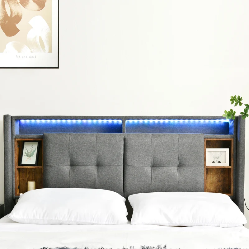 Lit double capitonné gris avec tête de lit rangement éclairage LED 160*200 Queen EENGEDS