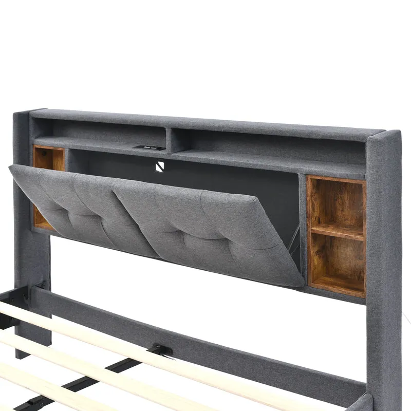 Lit double capitonné gris avec tête de lit rangement éclairage LED 160*200 Queen EENGEDS