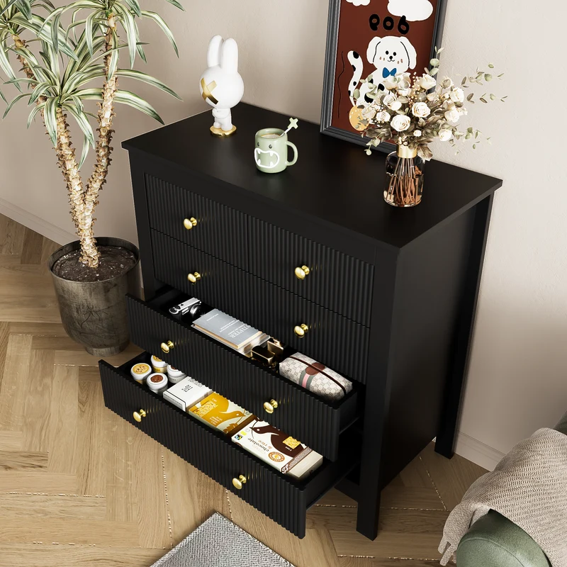 Buffet noir élégante façades texturées 5 tiroirs poignées dorées THRUZETS
