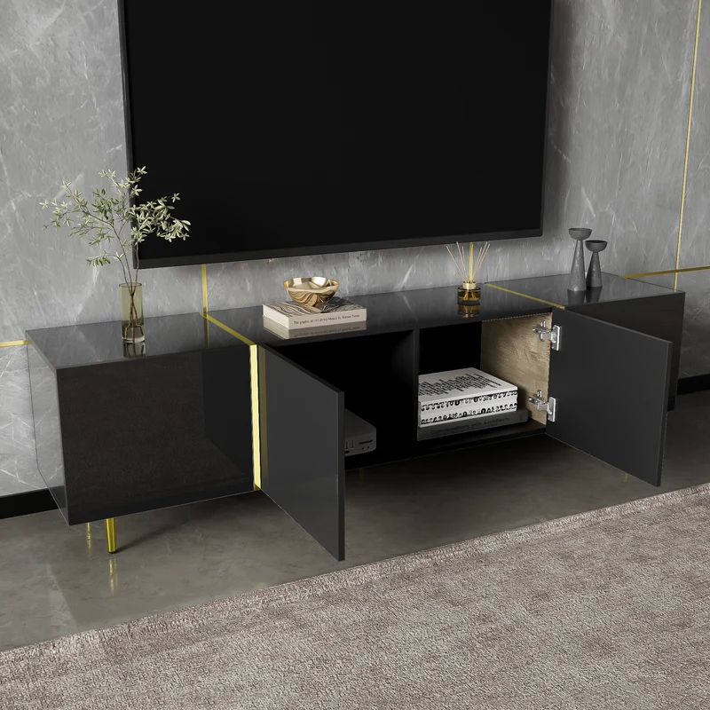 Meuble TV noir laqué 4 portes avec accents dorés 170*35*46cm QAHRELS