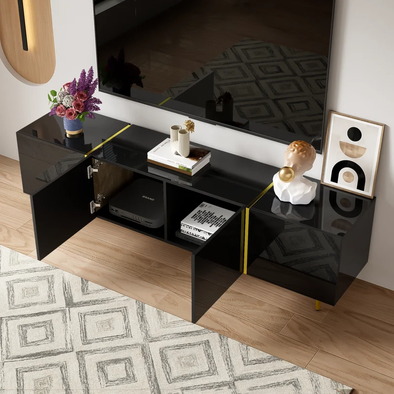 Meuble TV noir laqué 4 portes avec accents dorés 170*35*46cm QAHRELS