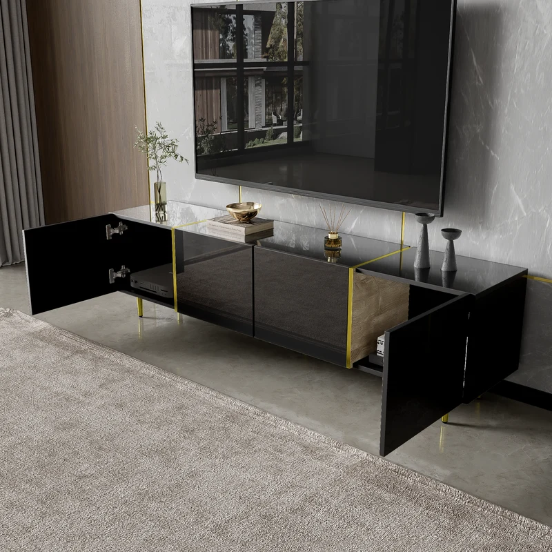 Meuble TV noir laqué 4 portes avec accents dorés 170*35*46cm QAHRELS