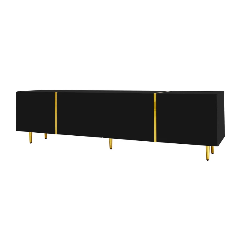 Meuble TV noir laqué 4 portes avec accents dorés 170*35*46cm QAHRELS