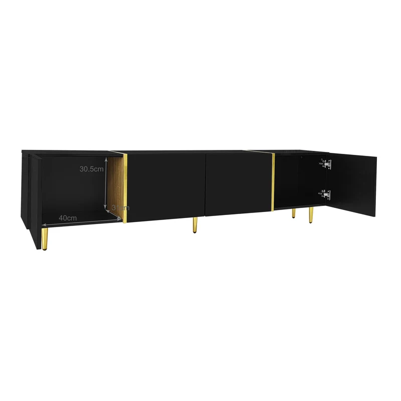 Meuble TV noir laqué 4 portes avec accents dorés 170*35*46cm QAHRELS