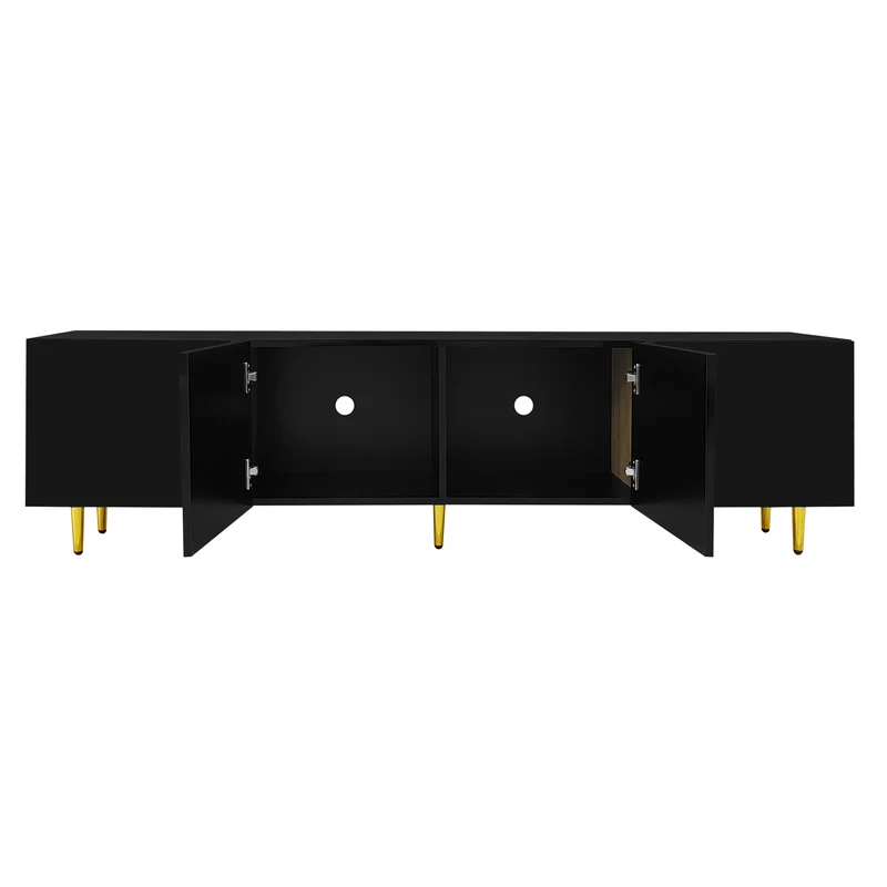 Meuble TV noir laqué 4 portes avec accents dorés 170*35*46cm QAHRELS