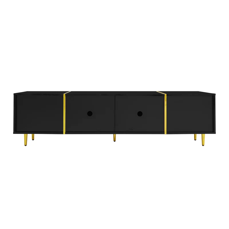 Meuble TV noir laqué 4 portes avec accents dorés 170*35*46cm QAHRELS