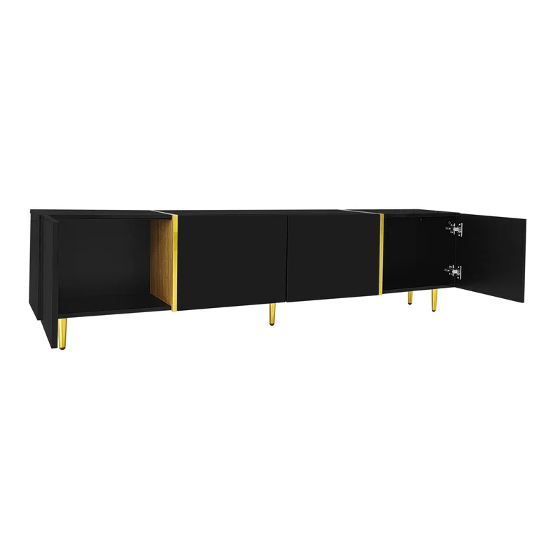 Meuble TV noir laqué 4 portes avec accents dorés 170*35*46cm QAHRELS
