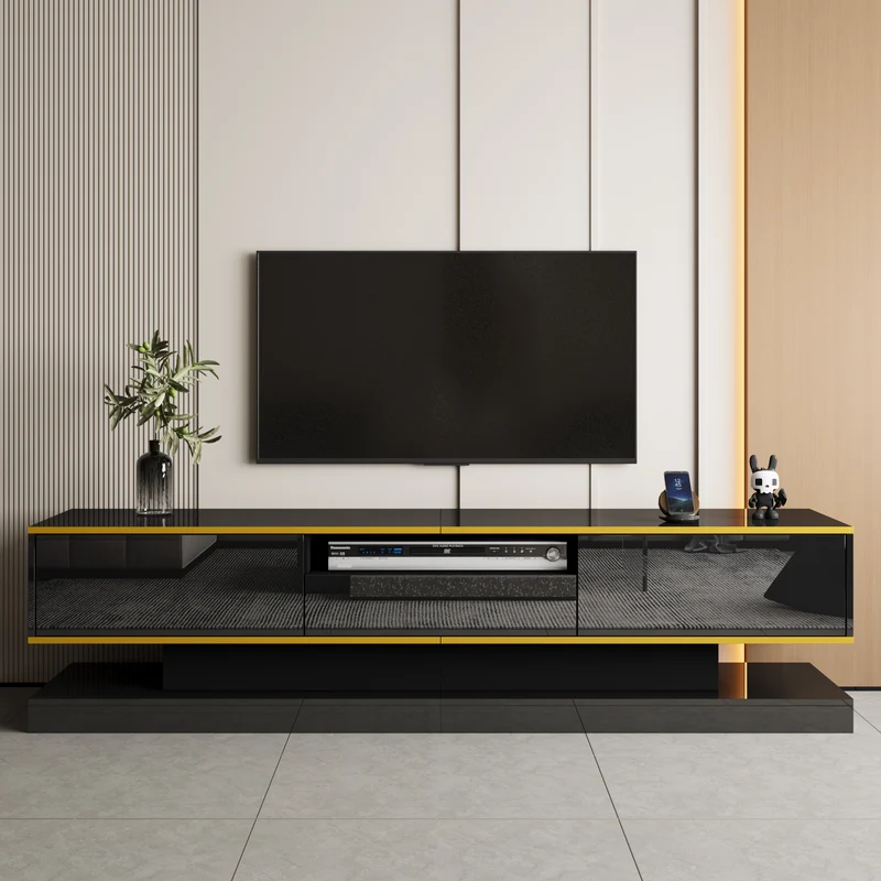 Meuble TV noir laqué éclairage LED et accents dorés ZILPHUS