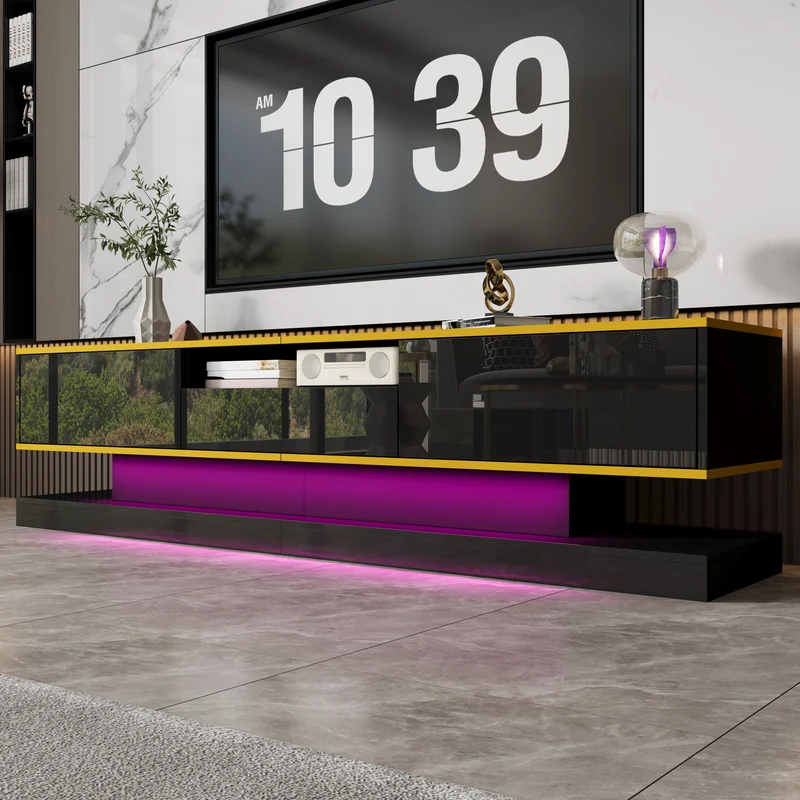 Meuble TV noir laqué éclairage LED et accents dorés ZILPHUS