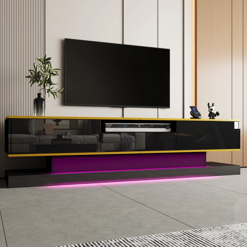 Meuble TV noir laqué éclairage LED et accents dorés ZILPHUS