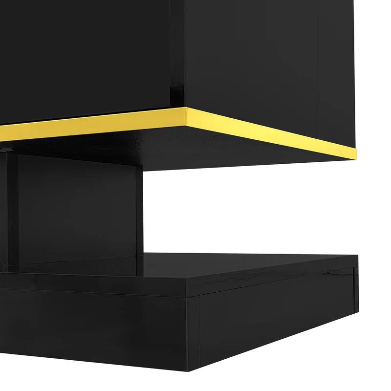 Meuble TV noir laqué éclairage LED et accents dorés ZILPHUS