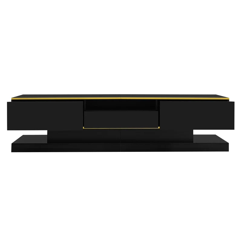 Meuble TV noir laqué éclairage LED et accents dorés ZILPHUS