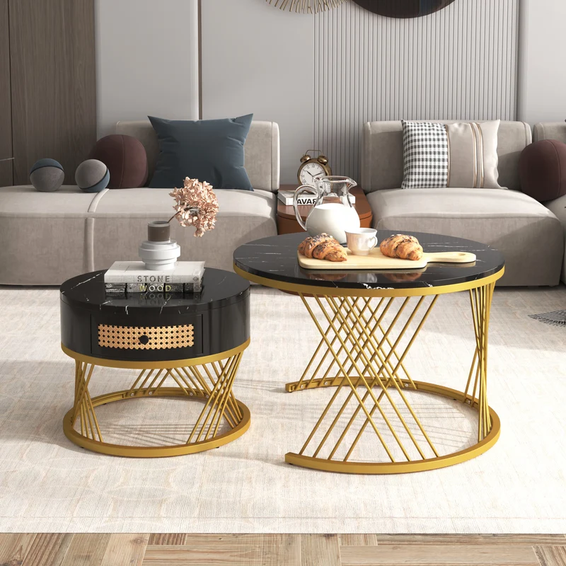 Ensemble de 2 tables basses gigognes rondes effet marbre noir et rotin EGNIERS BLACK
