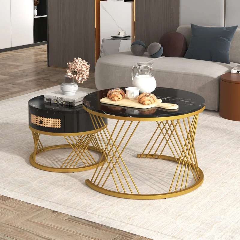 Ensemble de 2 tables basses gigognes rondes effet marbre noir et rotin EGNIERS BLACK