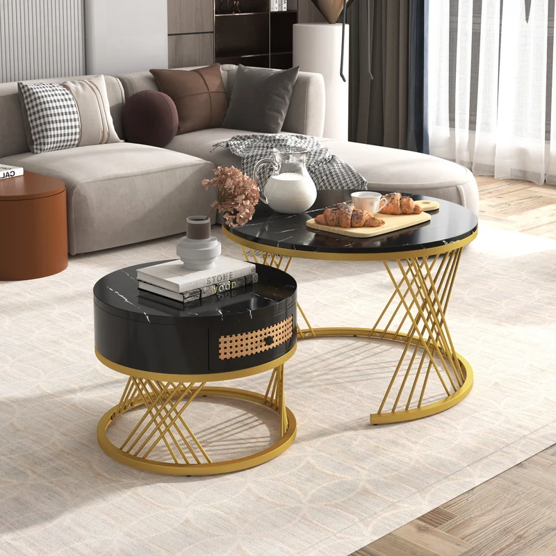 Ensemble de 2 tables basses gigognes rondes effet marbre noir et rotin EGNIERS BLACK