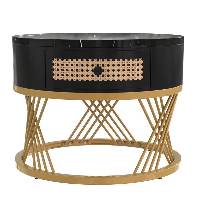 Ensemble de 2 tables basses gigognes rondes effet marbre noir et rotin EGNIERS BLACK