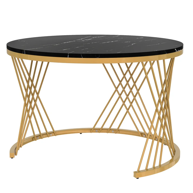 Ensemble de 2 tables basses gigognes rondes effet marbre noir et rotin EGNIERS BLACK