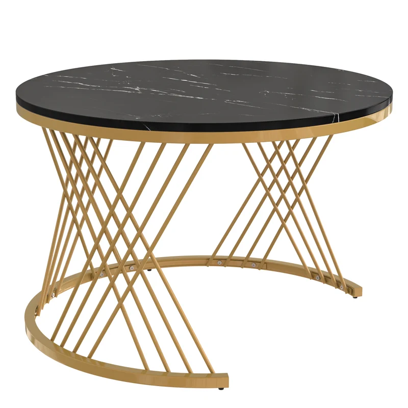 Ensemble de 2 tables basses gigognes rondes effet marbre noir et rotin EGNIERS BLACK