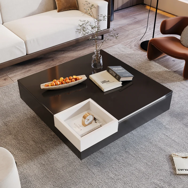 Table basse carrée noir blanc bicolore éclairage LED avec boîte de rangement amovible CROKS BLACK