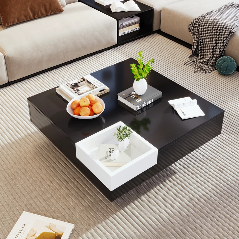 Table basse carrée noir blanc bicolore éclairage LED avec boîte de rangement amovible CROKS BLACK