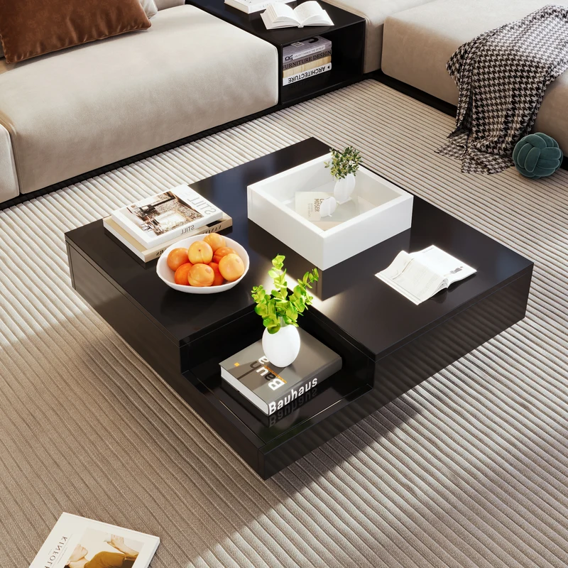Table basse carrée noir blanc bicolore éclairage LED avec boîte de rangement amovible CROKS BLACK