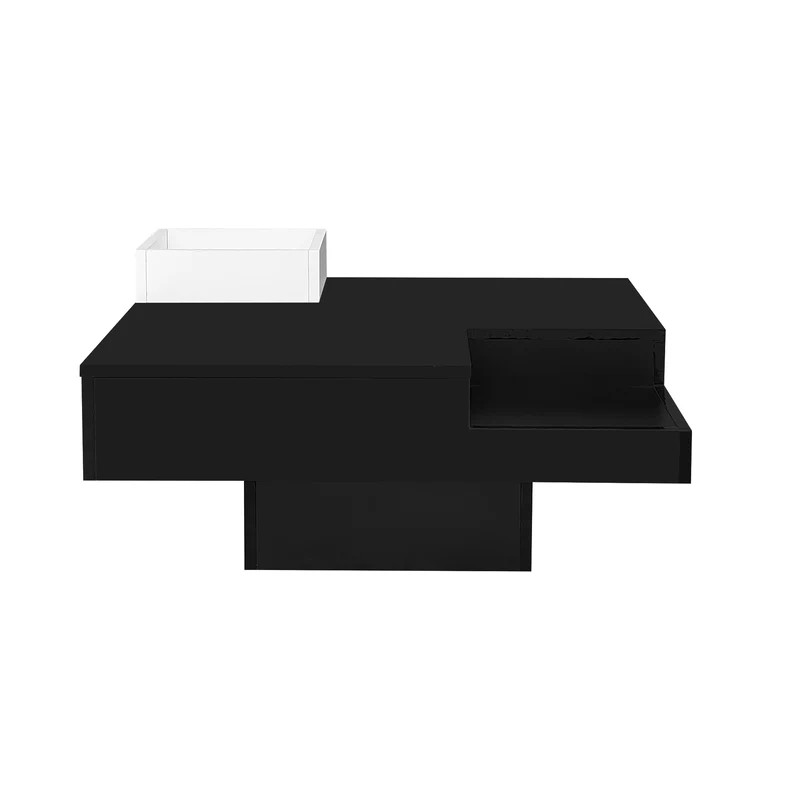 Table basse carrée noir blanc bicolore éclairage LED avec boîte de rangement amovible CROKS BLACK